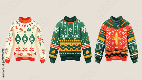 Four of ugly Christmas sweaters or jumpers isolated o