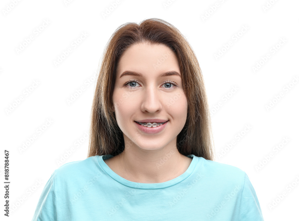 Portrait of smiling woman with dental braces on white background Portrait of smiling woman with dental braces on white background