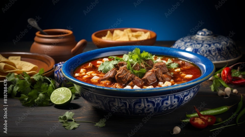Authentic mexican pozole on blue plate, served on rustic table with minimalist decor Authentic mexican pozole on blue plate, served on rustic table with minimalist decor
