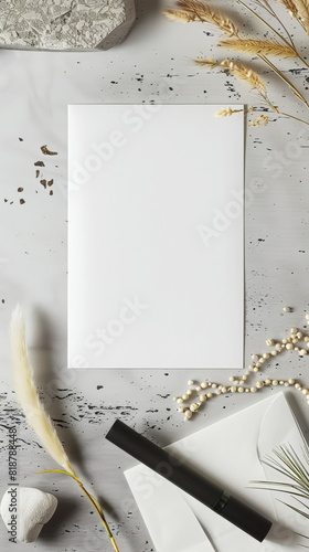 Minimalist elegant invitation template. White empty blank, hat, flowers, light background. Copy space. Generative AI © AngrySun