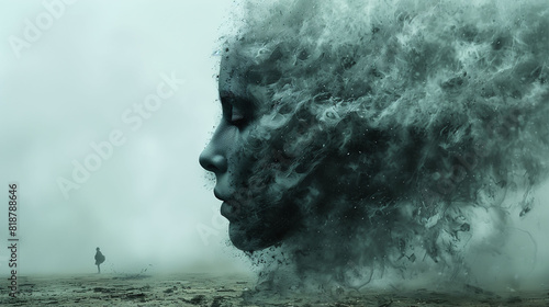A surreal image depicting a large, ethereal face dissolving into mist or smoke in a foggy landscape. A solitary figure stands in the distance, adding to the mysterious and dreamlike atmosphere. photo