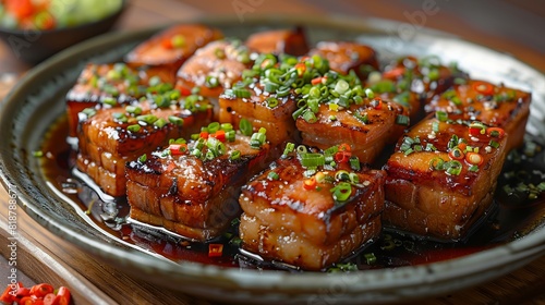 A plate of pork with sauce and green onions.