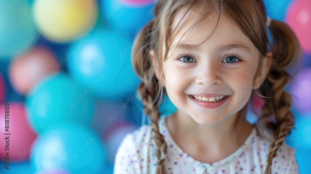 Close-up of a joyful young girl with braided hair, beaming smile, gazing at the camera with colorful balloons in the background Close-up of a joyful young girl with braided hair, beaming smile, gazing at the camera with colorful balloons in the background