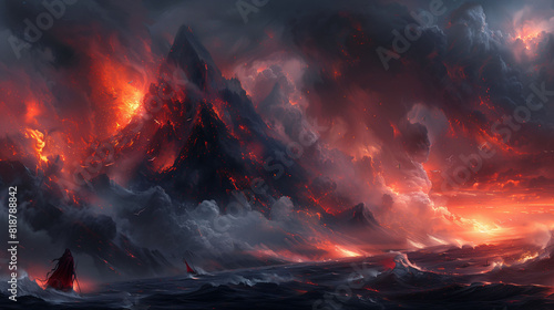 A dramatic scene of a volcanic eruption with lava flowing down a mountain, thick smoke and ash clouds filling the sky, and turbulent ocean waves in the foreground. photo