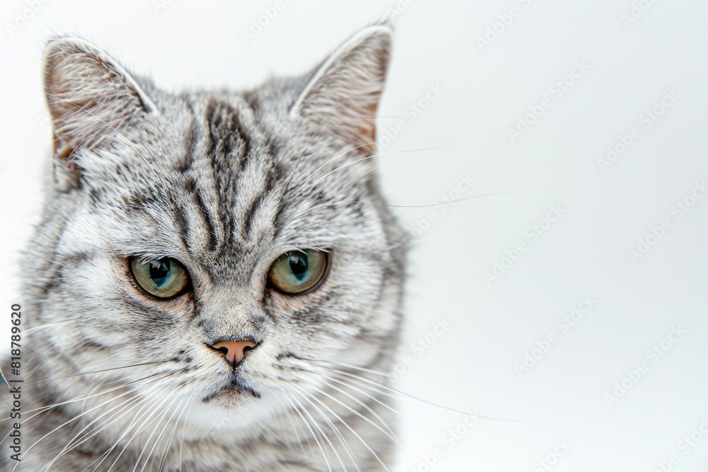 Domestic Cat Isolated. Studio Portrait of a Silver Tabby British Shorthair Cat on White Background