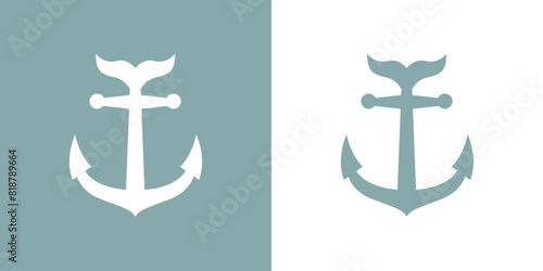 Logo nautical. Silueta de ancla de barco con cola de pescado o ballena