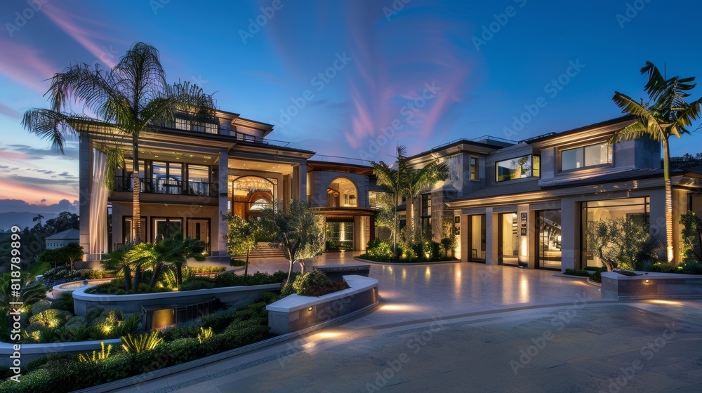 Obraz premium An opulent mansion exterior captured at dusk featuring illuminated windows, landscaped garden, and a dramatic sky