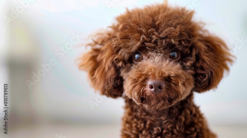 A brown poodle with curly hair looking at the camera. photo
