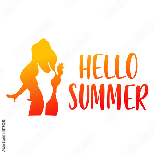 Logo vacaciones de verano. Texto manuscrito Hello Summer y silueta de mujer de pie saludando con traje de baño en espacio negativo