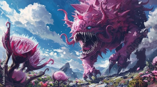 A giant pink monster fights with huge carnivorous flowers. photo