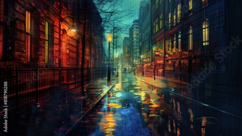 A digitally rendered image of a wet urban street at night  showcasing colorful reflections and a moody atmosphere