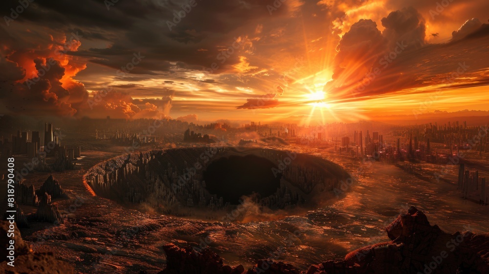 A gigantic deep crater opening in the center of a alien skyline city. Futuristic sunset storm sky A gigantic deep crater opening in the center of a alien skyline city. Futuristic sunset storm sky
