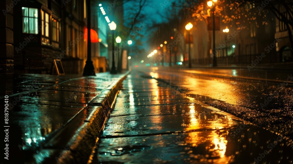 A wet urban road glistens under streetlights amidst a rainy night, showing the city's vibrant night atmosphere