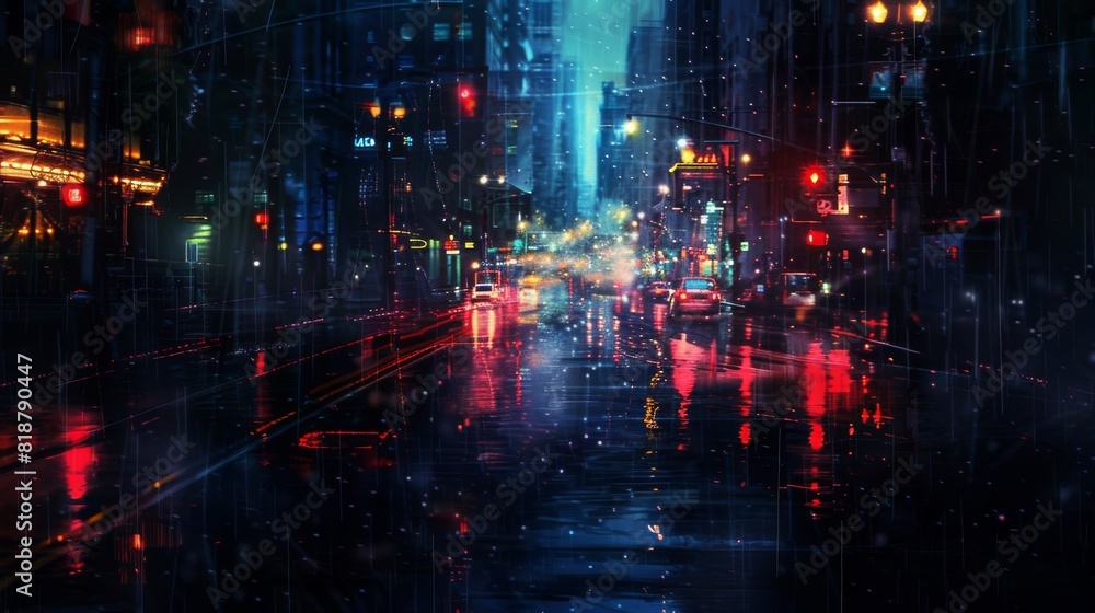 This image captures a bustling city street at night under a downpour, highlighted by gleaming neon and street lights reflecting on wet surfaces