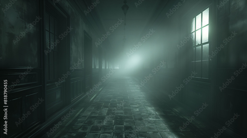 A dark, foggy corridor with dim lighting and old, worn-out walls. The atmosphere is eerie and mysterious, evoking a sense of suspense and fear.