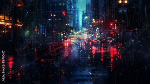 This image captures a bustling city street at night under a downpour  highlighted by gleaming neon and street lights reflecting on wet surfaces