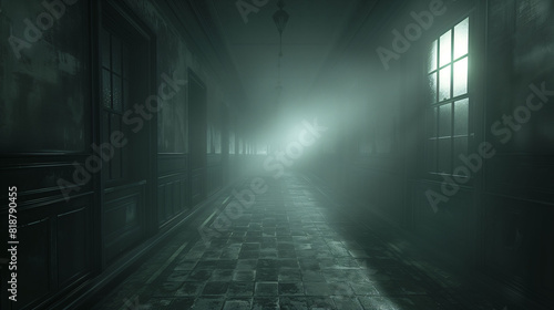 A dark, foggy corridor with dim lighting and old, worn-out walls. The atmosphere is eerie and mysterious, evoking a sense of suspense and fear.