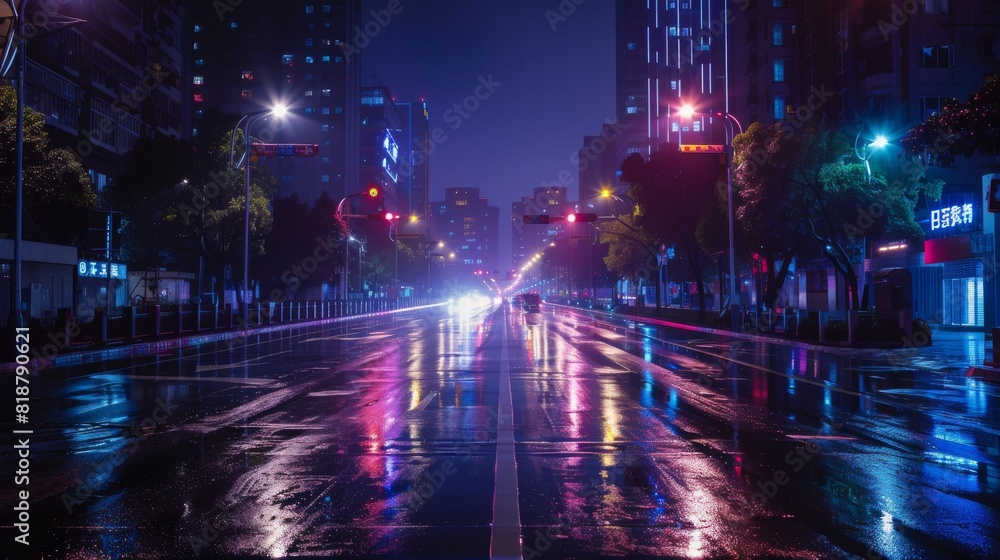 This image captures a wet city street at night with colorful lights reflecting from the pavement, giving a vibrant and moody urban atmosphere This image captures a wet city street at night with colorful lights reflecting from the pavement, giving a vibrant and moody urban atmosphere