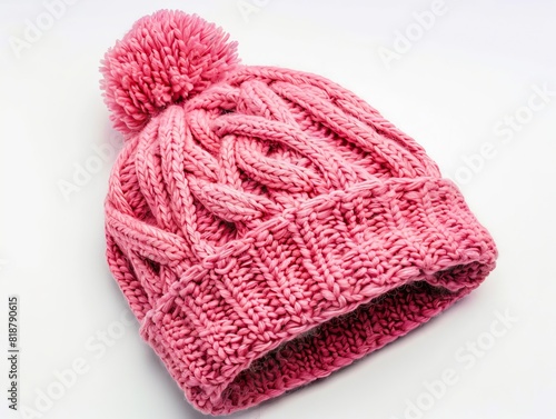 A pink knitted beanie with pom pom.