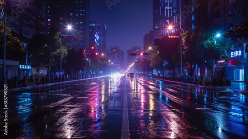 This image captures a wet city street at night with colorful lights reflecting from the pavement  giving a vibrant and moody urban atmosphere