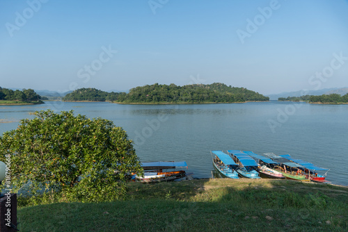 Kraeg Krachen National Park headquarters view to the lake with boats and Monkey Island.