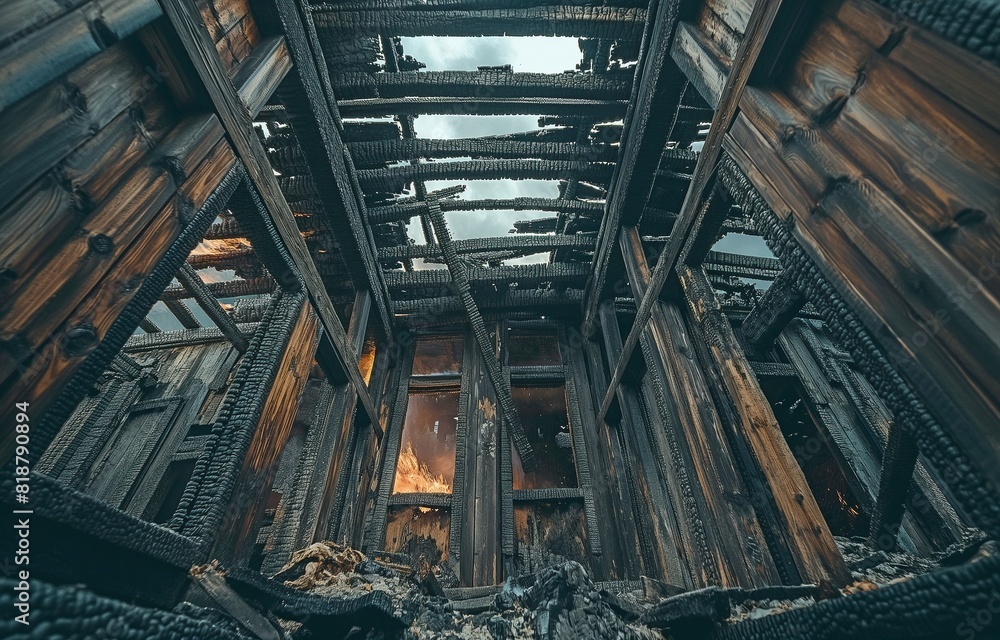 An historic wooden building that was destroyed by fire. charred timbers following the devastation. An historic wooden building that was destroyed by fire. charred timbers following the devastation.