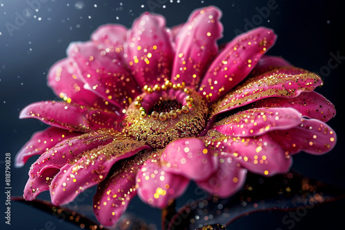A pink gerbera daisy made of chocolate with gold sprinkles on it, macro photography captured, close-up flowers.