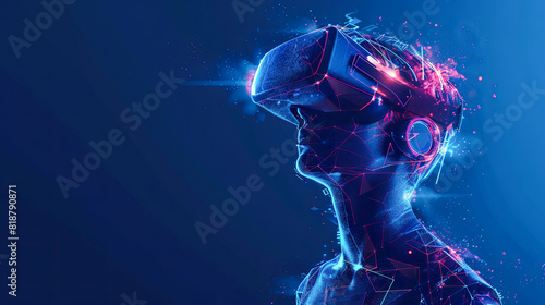 Digital Polygonal wireframe Virtual reality experience. Young man wearing virtual reality goggles. 3D rendering