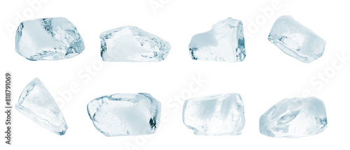 Crystal clear pieces of ice isolated on white, set