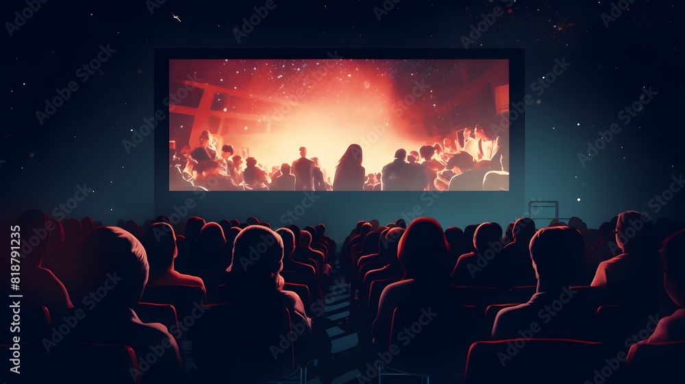 Group of people watching a movie on the big screen in a cinema hall. Generative AI.