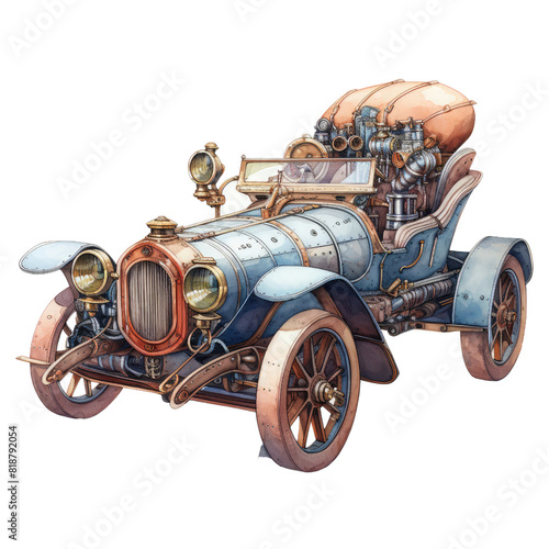 A blue and pink car with a large red bag on the back