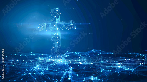 Abstract polygonal figure on blue background with connection lines and dots