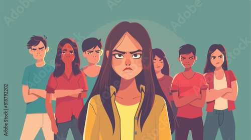 Angry young woman among people not willing to talk to photo