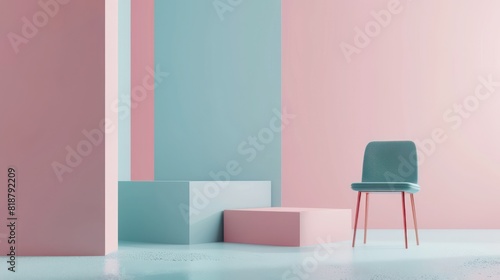 A scene depicting a modern minimalist interior, showcasing a pastel-colored chair against a background of geometric shapes and soft colors