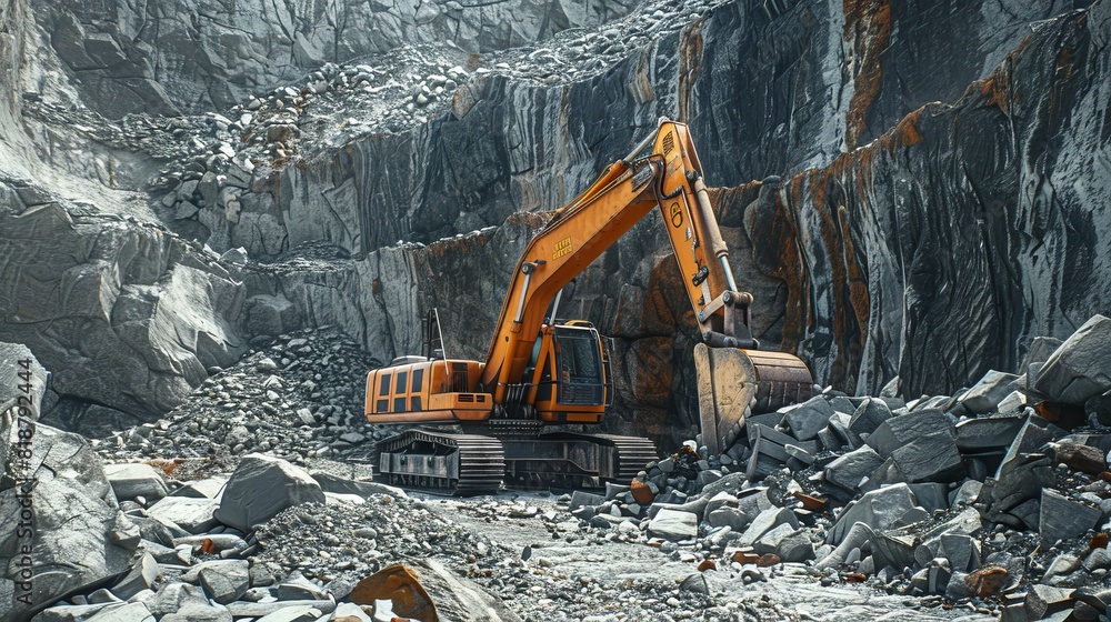 Orange excavator with hydraulic arm parked amidst large rocks in a mining quarry, showing construction and extraction activities Orange excavator with hydraulic arm parked amidst large rocks in a mining quarry, showing construction and extraction activities