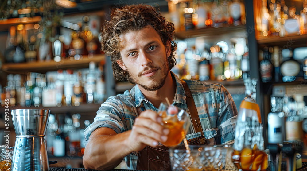 Handsome bartender making cocktail at bar counter in pub. Portrait of handsome young man in shirt and apron making cocktail.