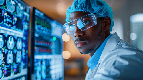 Portrait of serious african american male surgeon looking at camera in operating room