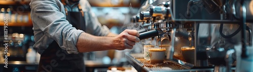 Barista preparing espresso coffee with professional machine in a cafe. Focused on milk frothing and coffee brewing process.