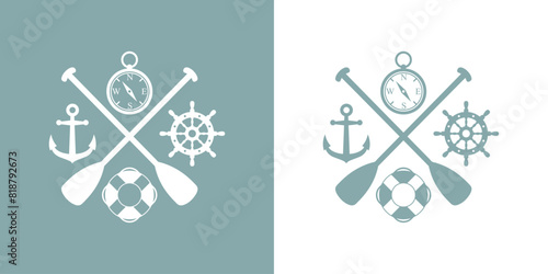Logo Nautical. Silueta de volante de timón, ancla de barco, brújula y anillo salvavidas con remos cruzados de kayak, canoa o paddle surf