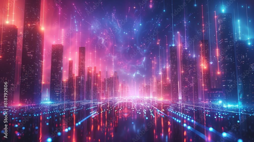 A captivating digital artwork of a futuristic cityscape illuminated by neon lights and towering skyscrapers, ideal for technology and innovation themes. 