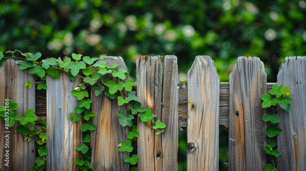 Lush green vines creep over the slats of a weathered wooden fence, contrasting with the natural background Lush green vines creep over the slats of a weathered wooden fence, contrasting with the natural background