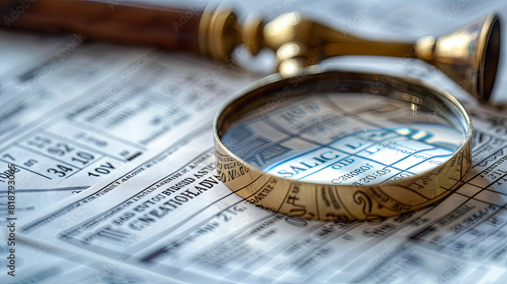 Magnifying glass on a financial statement. Close-up. Selective focus. Magnifying glass on a financial statement. Close-up. Selective focus.