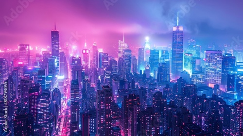 A captivating digital artwork of a futuristic cityscape illuminated by neon lights and towering skyscrapers  ideal for technology and innovation themes. 