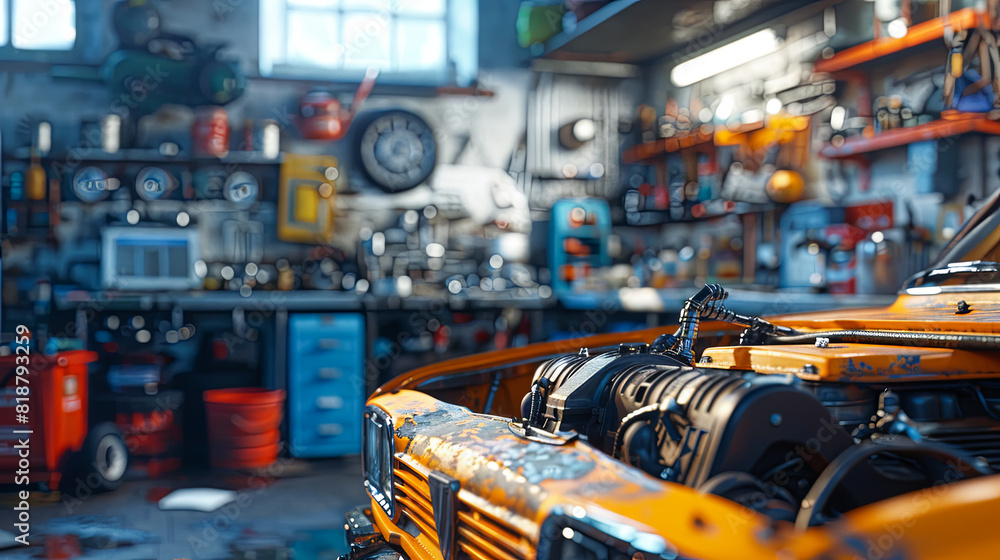 Car parts and tools in auto repair shop. Selective focus.