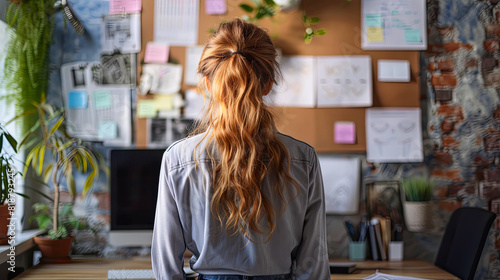 Back view of young businesswoman standing in modern office and looking away © Graphic Dude