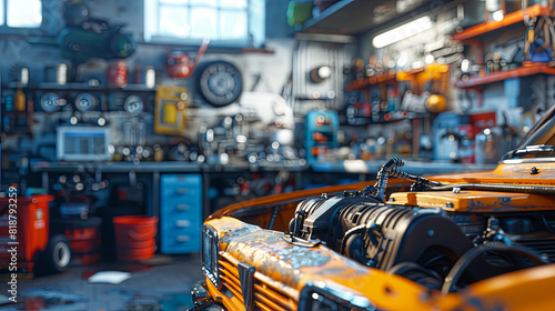 Car parts and tools in auto repair shop. Selective focus.