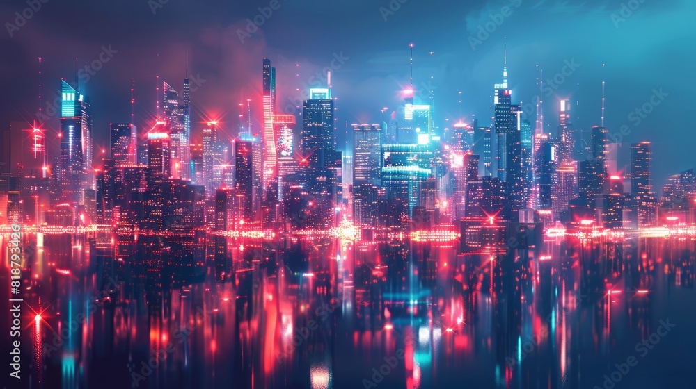 A captivating digital artwork of a futuristic cityscape illuminated by neon lights and towering skyscrapers, ideal for technology and innovation themes. 