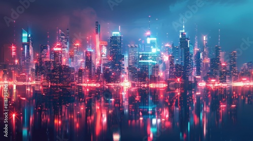 A captivating digital artwork of a futuristic cityscape illuminated by neon lights and towering skyscrapers, ideal for technology and innovation themes.  © tanongsak