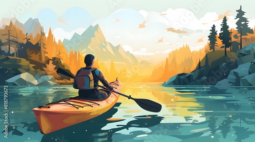 Man in canoe on river, surrounded by mountains and forests. Generative AI. © Studicon