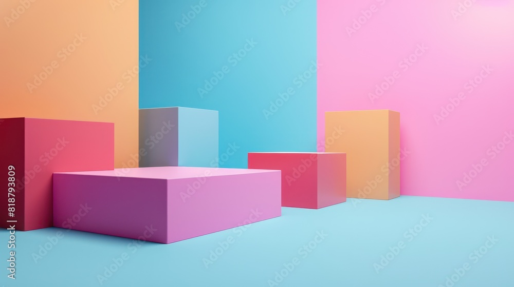 A visual arrangement of 3D cubes and rectangular blocks with a pink, blue, and orange gradient background, evoking a minimalistic and modern feel A visual arrangement of 3D cubes and rectangular blocks with a pink, blue, and orange gradient background, evoking a minimalistic and modern feel